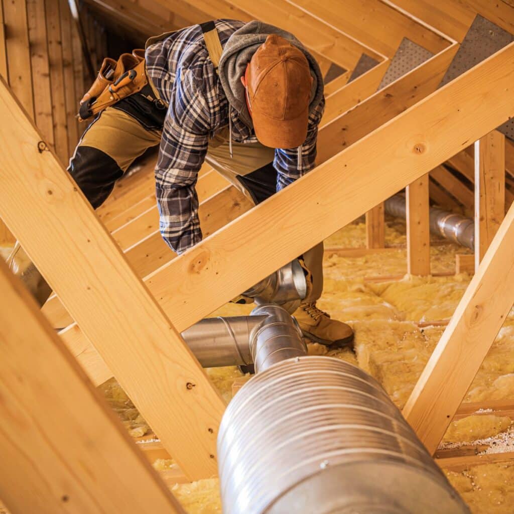 HVAC technician in an attic adding vents